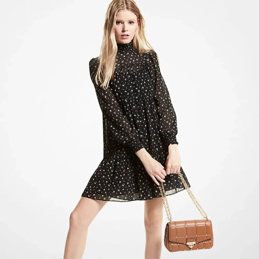 NWT MICHAEL Michael Kors Floral Georgette Smocked Dress Khaki in Size S